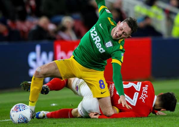 Alan Browne was injured (above) in Preston's victory over Middlesbrough at the Riverside Stadium in March