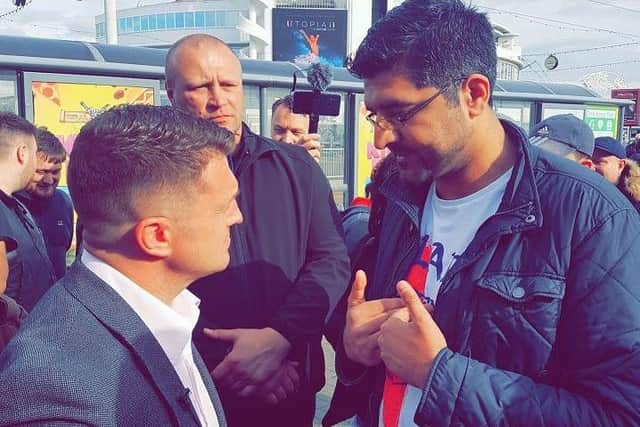 Tommy Robinson (left) and Nadeem Ashfaq (right) discuss the sit-down talks planned for Preston during the former's appearance in Blackpool on Monday, May 6. Pic-The Light Foundation