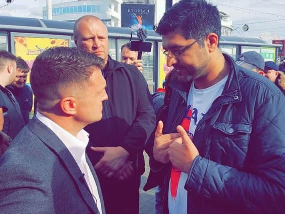 Tommy Robinson (left) and Nadeem Ashfaq (right) discuss the sit-down talks planned for Preston during the former's appearance in Blackpool on Monday, May 6. Pic-The Light Foundation