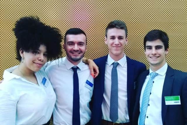 Lancaster University Undergraduate of the Year nominees. From left: Shayna Mardenborough, LGBTQ+ Undergraduate of the Year nominee, Tom Moran, LGBTQ+ Undergraduate of the Year winner, Alex Copeland, Computer Science, IT and Physics Undergraduate of the Year nominee, and Joo Raimundo, Management Undergraduate of the Year nominee