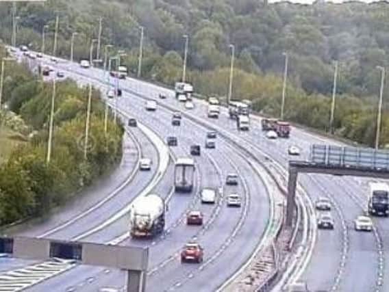 Police have closed a lane on the M6 exit slip road at junction 31 (Samlesbury) after a lorry burst its tyre.