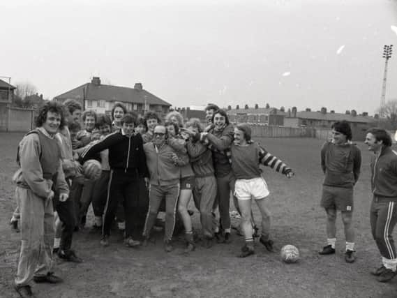 Preston North End manager Nobby Stiles celebrates with the players at the Lowthorpe Road training ground