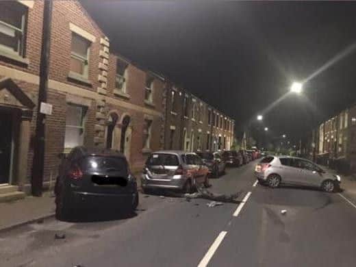 Four cars were written off in Fox Lane, Leyland at around 3.30am on Wednesday, May 8 after burglars smashed into them during a hasty getaway.