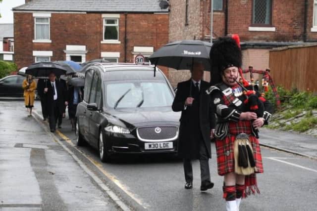 Funeral cortege arriving at Our Lady & St Gerards RC Church in Lostock Hall for the funeral of Graham Walton