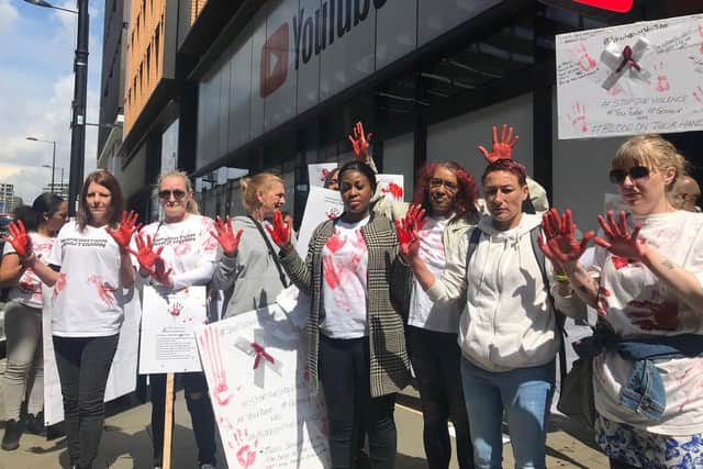 Anti-knife crime protesters from #OperationSutdown demonstrate against YouTube outside the Youtube Space near King's Cross Station, King's Cross, London.