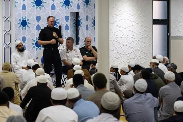 Assistant Chief Constable Terry Woods speaks to the worshippers at Quwwatul Islam Mosque.  Photo: Kelvin Stuttard