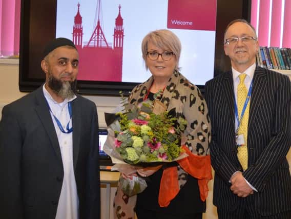 Baroness Newlove with Preston Muslim Girls' High School principal Mufti Javid and his deputy David Foster
