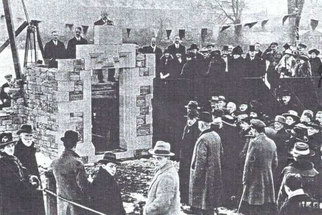 The unveiling of the Westfield War Memorial Village foundation stone at Herbert Storey Cottage in 1919