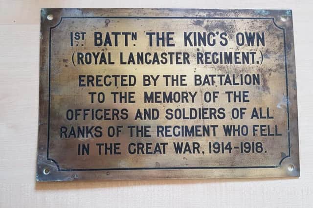 Plaque marking the home funded by the 1st Battalion of the King's Own Regiment at Westfield War Memorial Village. Named 'Le Cateau' after the Belgium town where the unit won its first battle honour in August 1914