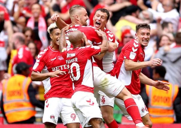 Charlton Athletic's Patrick Bauer (centre) celebrates scoring his side's Wembley winner