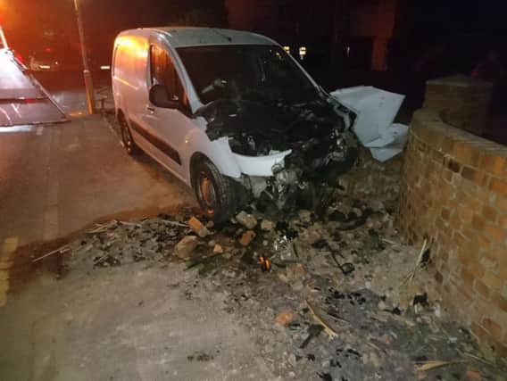 The driver of this white van escaped with minor injuries after crashing into a garden wall in Warton, near Preston, in the early hours of Wednesday, May 29.