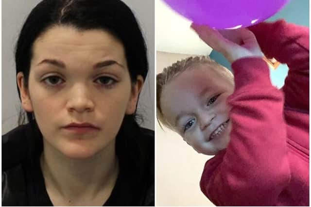 Adrian Hoare (left) has been jailed for two years and nine months for child cruelty after her three year old son, Alfie Lamb (right), was crushed to death.