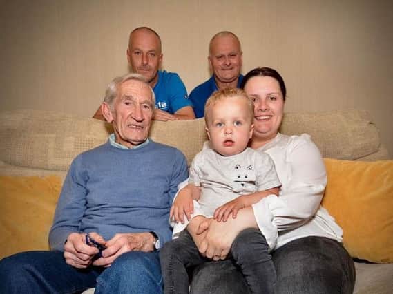 Riley Porter with his mum Chelsea Porter, grandad Peter Chalmers, great-grandad Peter Chalmers, and great-great-grandad Derek Chalmers