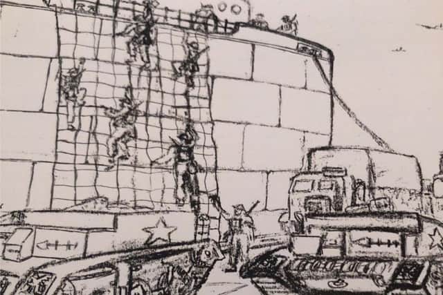 A drawing by Cyril of infantry troops exiting a ship onto a landing craft via camouflage netting.