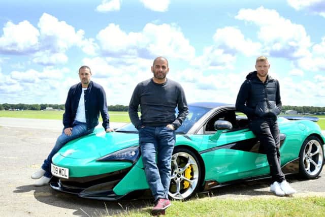 Paddy McGuinness, Chris Harris and Freddie Flintoff with a McLaren 600LT