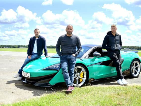 Paddy McGuinness, Chris Harris and Freddie Flintoff with a McLaren 600LT