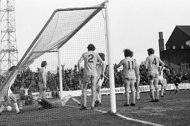 Preston celebrate as Mike Elwiss heads home a Francis Burns corner against Chester in 1977