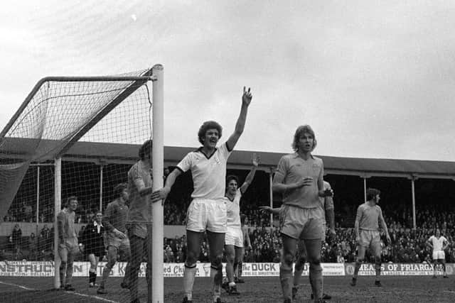 Preston centre-half Mick Baxter lends his height to the attack at a corner against Chester in 1977