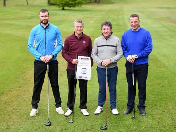 Former PNE players Andrew Lonergan, Graeme Atkinson, Peter Sayer and Ian Bryson at Shaw Hill Golf Club