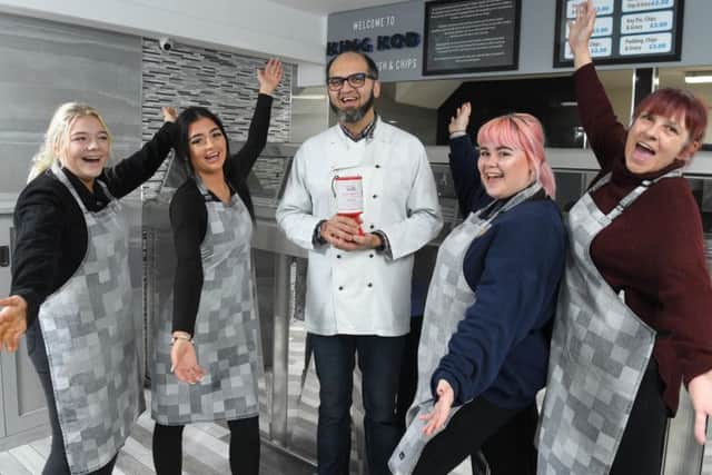 Chip shop owner Asif Ali is the Heartbeat's donation collection box supporter of the year after they helped him following a heart condition, pictured with staff Tamara Vickers, Olivia Fielding, Olivia Walsh and Tina Lane
