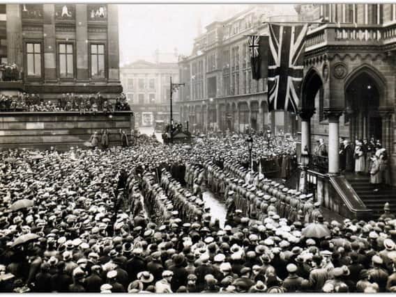 Civic reception for the return of the cadre of the 4th Battalion Loyal North Lancashire Regiment Market Place, Preston. June 12, 1919