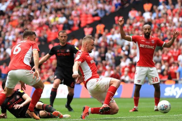 Patrick Bauer scores Charlton's stoppage-time winner against Sunderland in the League One play-off final at Wembley in May