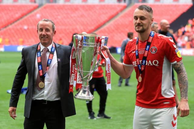 Patrick Bauer with Lee Bowyer after Charlton's victory in the League One play-off final