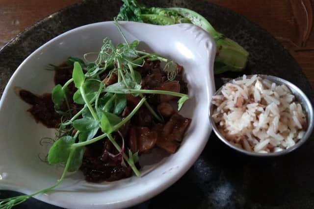 Hoisin mushrooms, charred pak choi and coconut rice