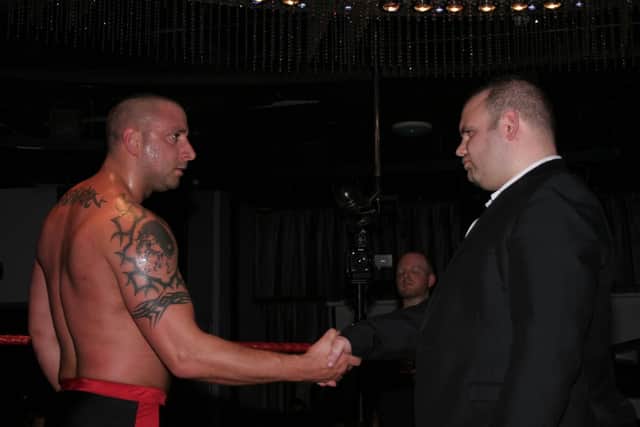 From 2013: 30-man rumble winner Lionheart shakes hands with PCW owner and promoter Steven Fludder at PCW's Springslam event at Lava & Ignite, Preston. Pictures courtesy of Gordon Harris