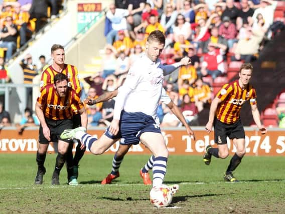 Paul Gallagher steps up to take a penalty in Preston's 2015 clash with Bradford City at Valley Parade