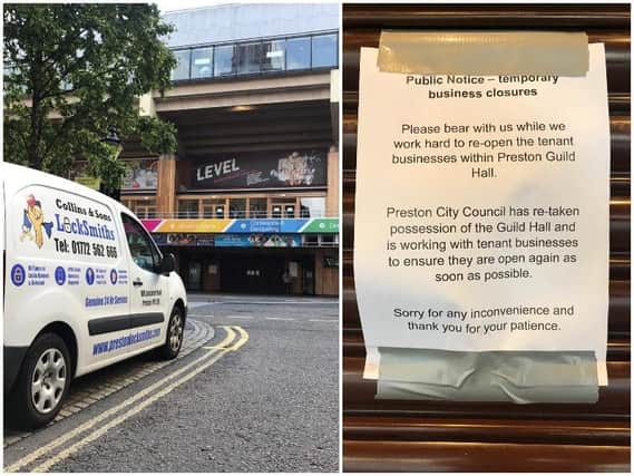 Locksmiths at the scene, and a Preston City Council notice has been posted on the building.