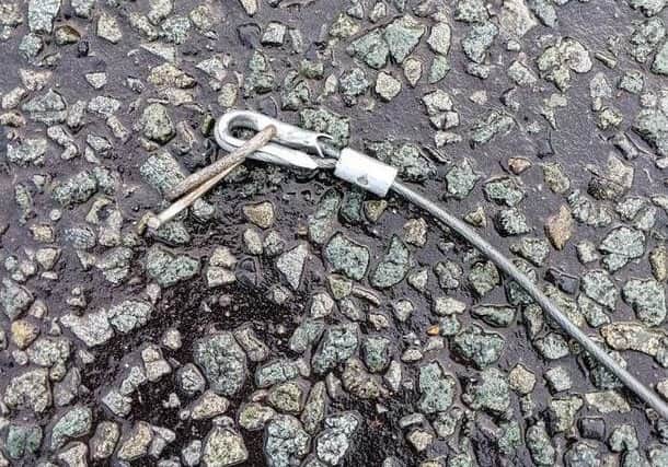 The wire was attached to the dog's collar and a broken clip on the other end suggests it was tied to a vehicle. Image: RSPCA