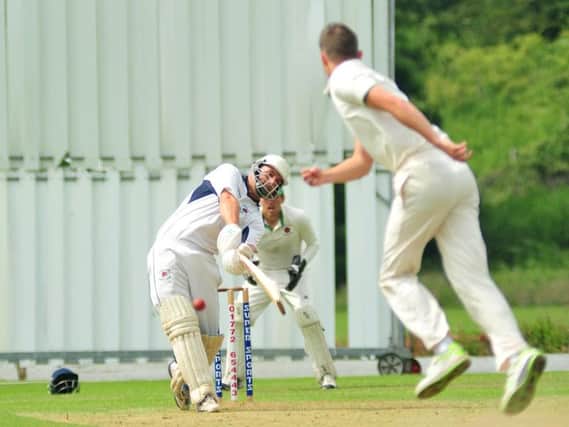 John Hardiker faces a delivery for Vernon Carus against New Longton