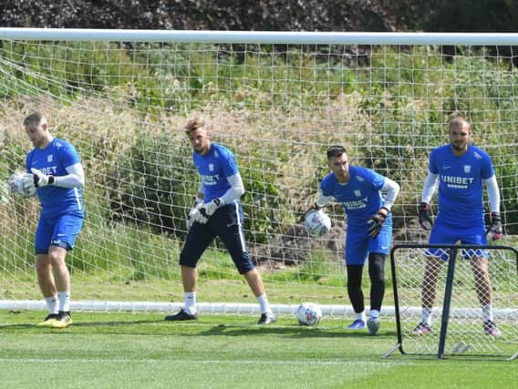 Preston North End goalkeepers Connor Ripley, Declan Rudd, Mat Hudson and Michael Crowe in pre-season training at Springfields