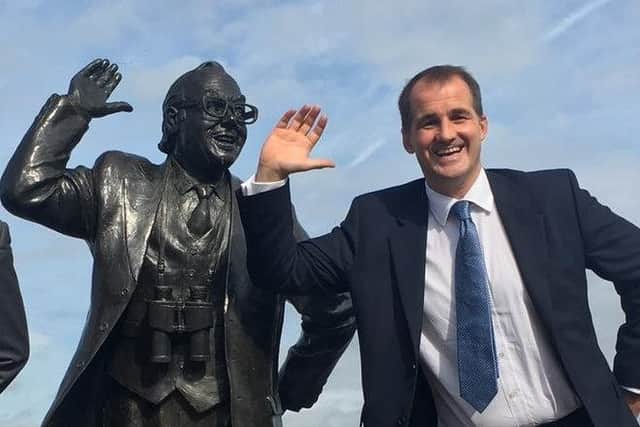 Jake Berry, Northern Powerhouse Minister, and the Eric Morecambe Statue.