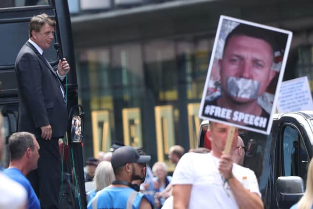 Former UKIP leader Gerard Batten speaks to Tommy Robinson supporters outside the Old Bailey in London