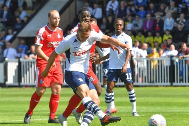 Louis Moult fires home Preston's second goal at Bamber Bridge