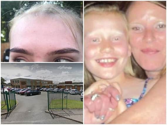Top left, Aimee's eyebrows, bottom left, Worden Academy, right, Aimee and mum Kerry before the eyebrow tints