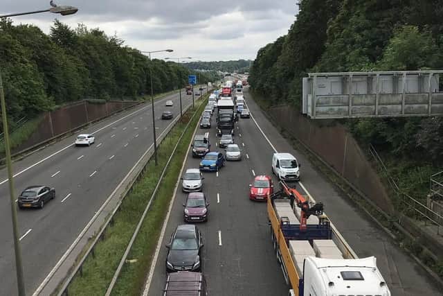 Traffic queuing on the northbound M6 at Standish after a lorry jackknifed 6 miles away in Orrell, Wigan.