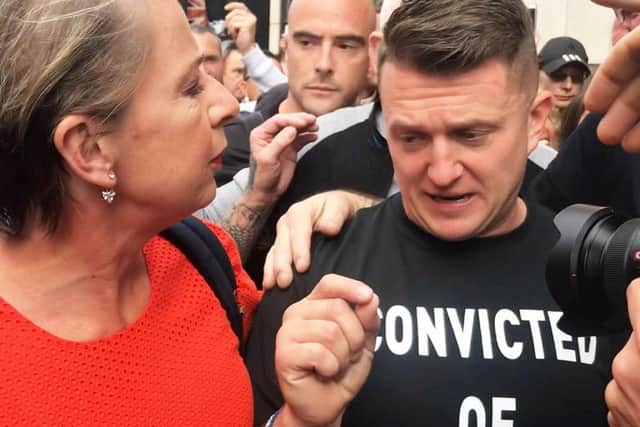 Tommy Robinson with Katy Hopkins as he arrives for his sentencing at the Old Bailey