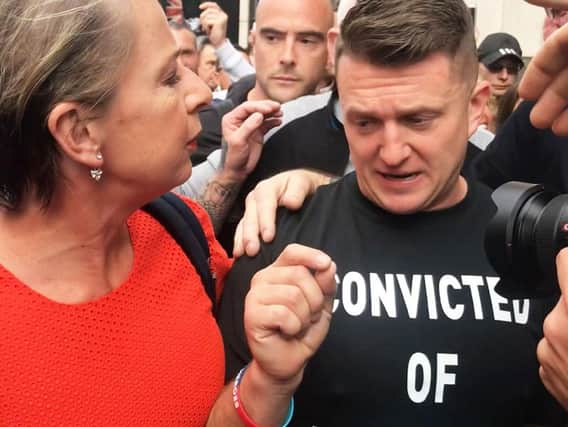 Tommy Robinson with Katy Hopkins as he arrives for his sentencing at the Old Bailey
