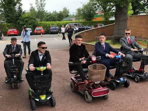 Left to right: Best mates Louis Nicholson, Ryan Davies, Ben Bolton, Josh Smith, Jakub Riedel arrive in style at Fulwood Academy Prom on July 4