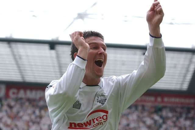 David Nugent celebrates scoring for Preston against Derby in the play-off semi-final first leg at Deepdale in May 2005