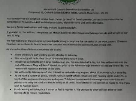 Letter sent to residents in the Factory Lane area of Penwortham