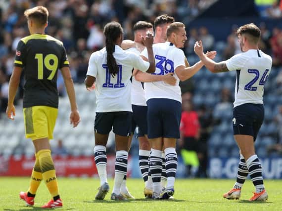 Billy Bodin is congratulated by team-mates after scoring Preston's goal against Southampton