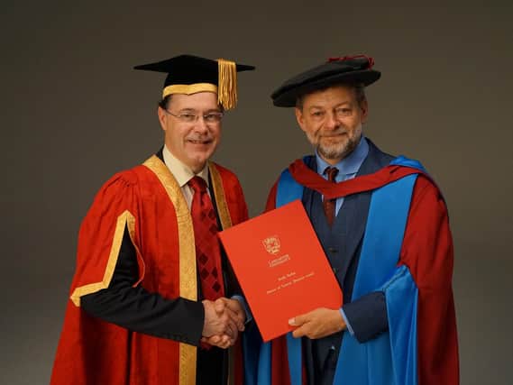 Andy Serkis received his honorary doctorate of letters from Lancaster university VC Mark E Smith