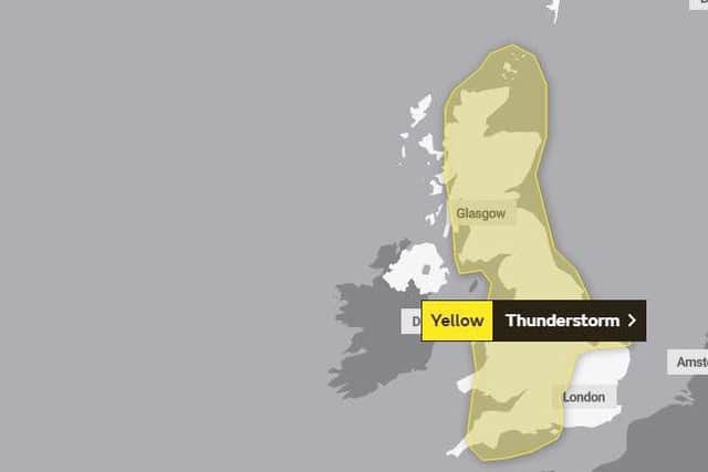 The Met Office has issued a yellow weather warning for thunderstorms between 6pm today and 9am on Wednesday
