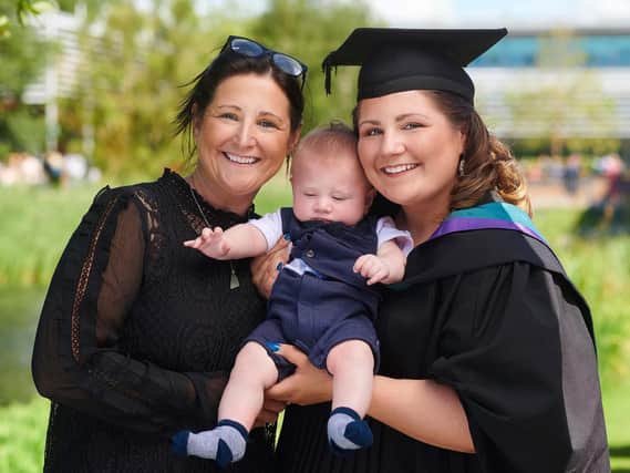 Chloe Haylock, right, with baby Archie and mum Paula