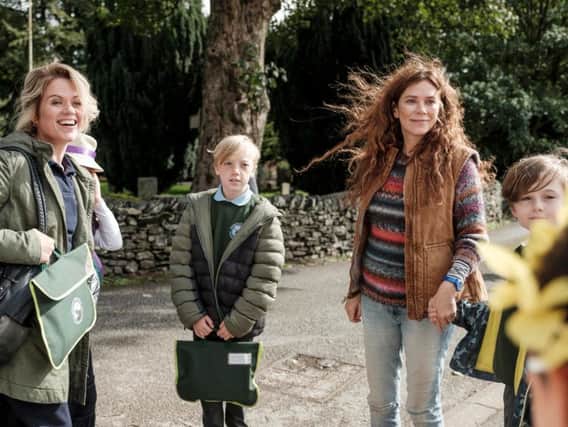 Leo Ashton with Anna Friel and Sinead Keenan in Deep Water. Photo supplied by ITV.