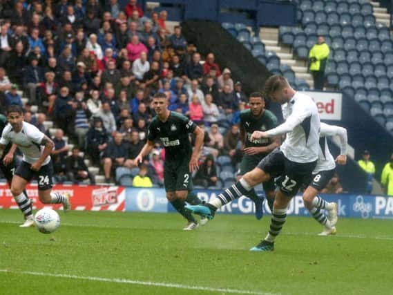 Paul Gallagher fires home his and Preston's second penalty against Newcastle United at Deepdale